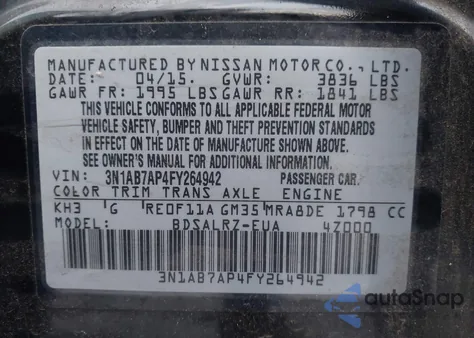 2015 Nissan Sentra Sr from USA, damaged, VIN 3N1AB7AP4FY264942